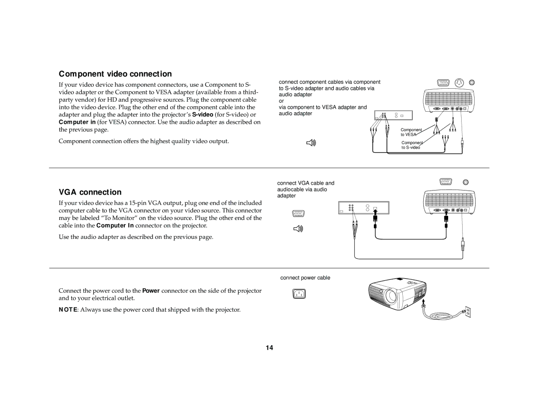 Dukane 28A7100HC manual Component video connection, VGA connection 