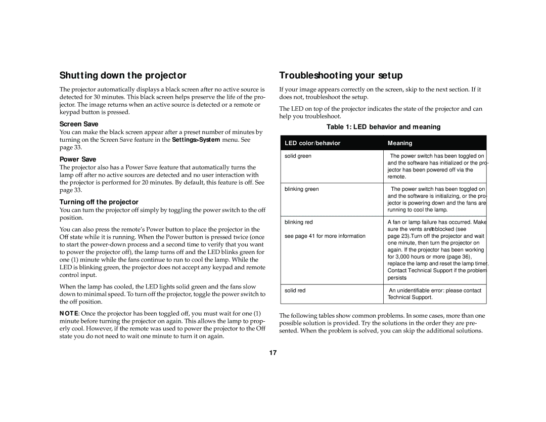 Dukane 28A7100HC manual Shutting down the projector, Troubleshooting your setup 