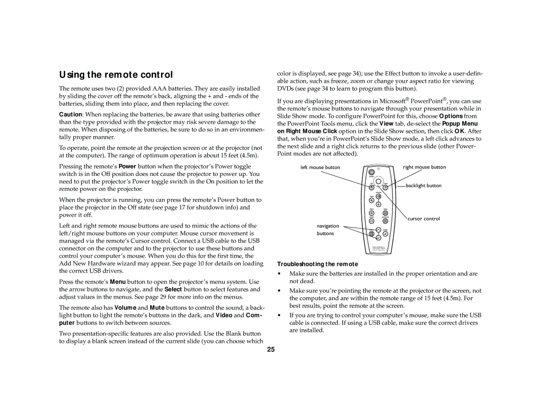 Dukane 28A7100HC manual Using the remote control, Troubleshooting the remote 