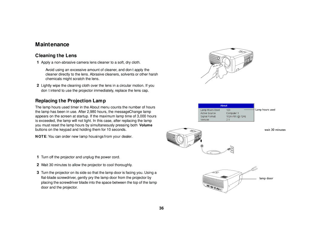 Dukane 28A7100HC manual Maintenance, Cleaning the Lens, Replacing the Projection Lamp 