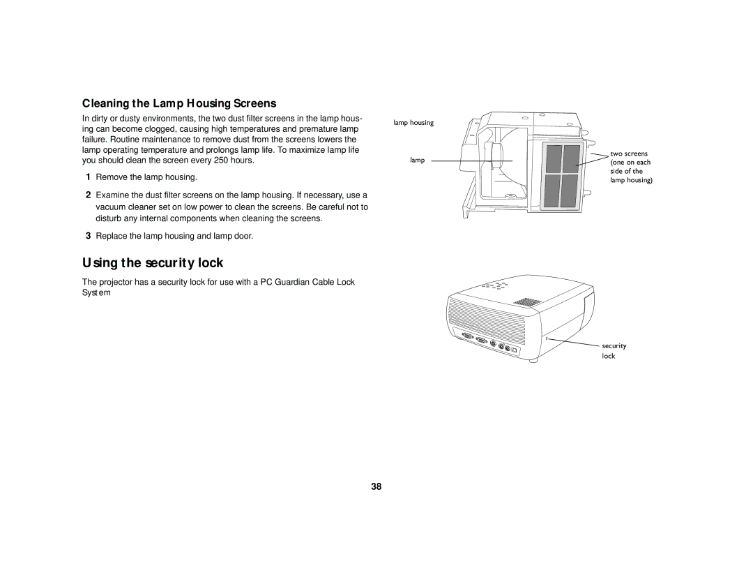 Dukane 28A7100HC manual Using the security lock, Cleaning the Lamp Housing Screens 