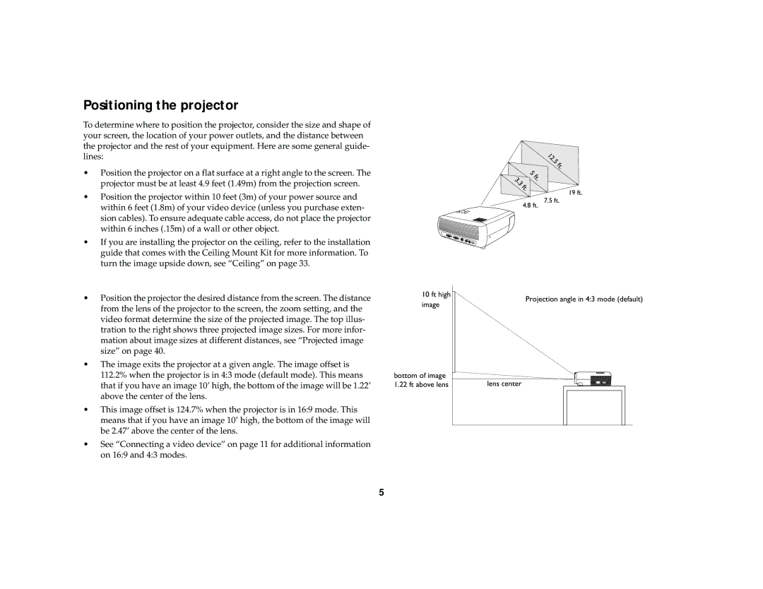 Dukane 28A7100HC manual Positioning the projector, On 169 and 43 modes 