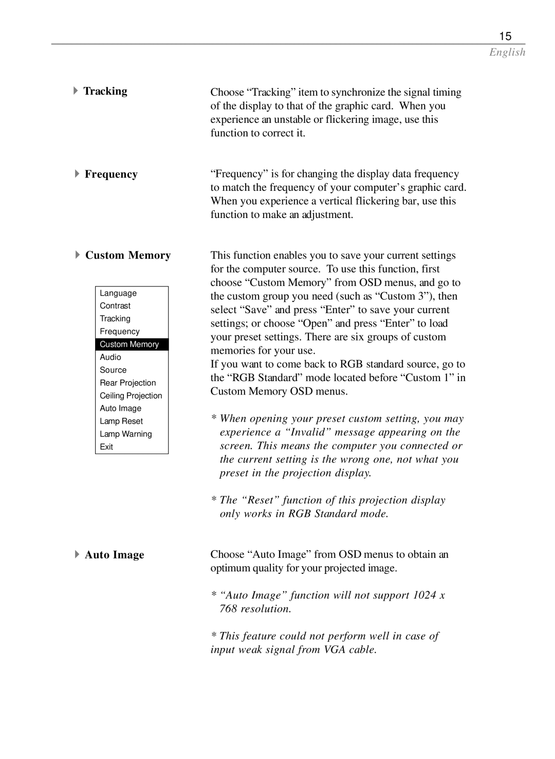 Dukane 28A7250 user manual Tracking Frequency Custom Memory, Auto Image 