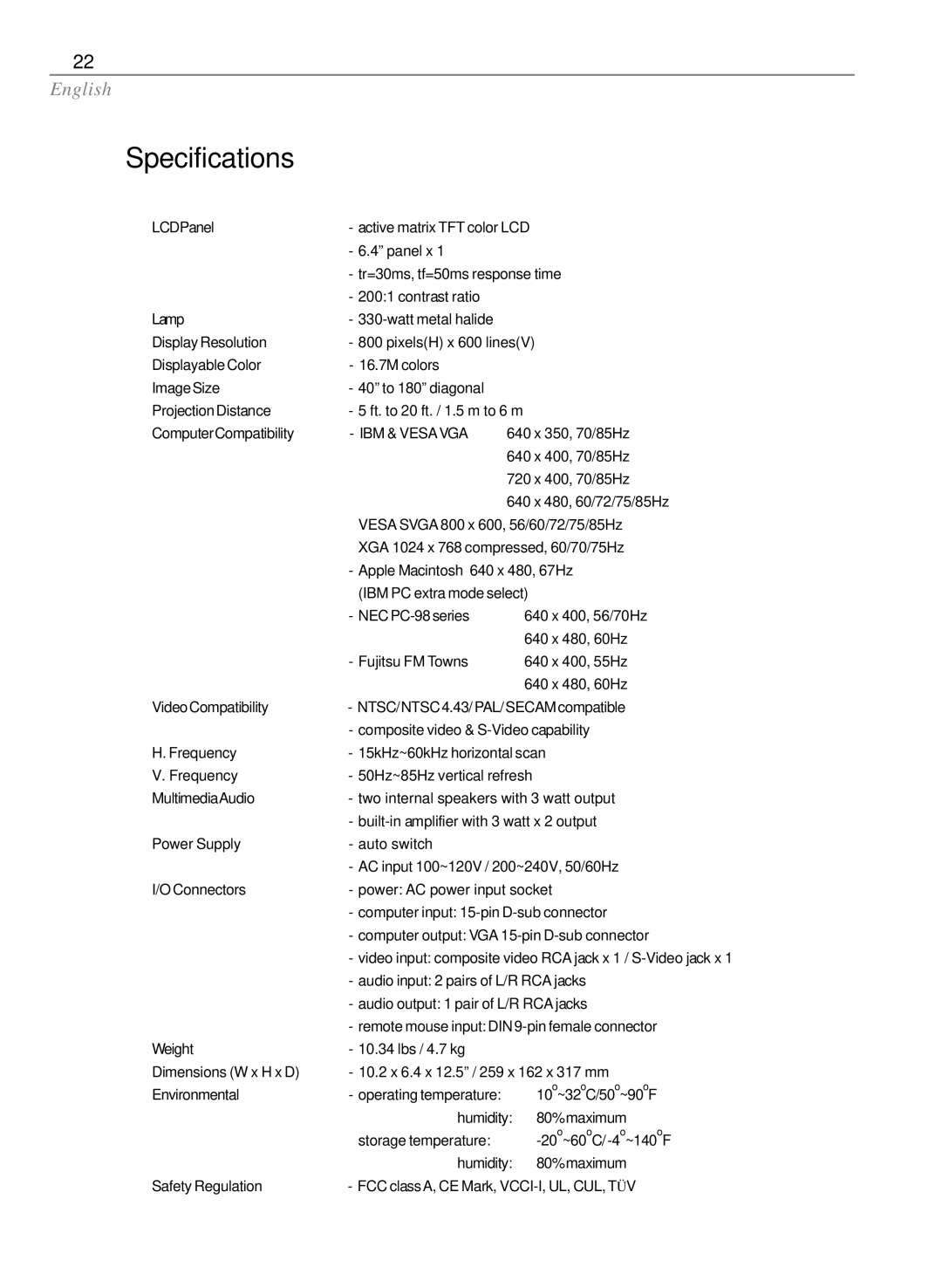 Dukane 28A7250 user manual Specifications, IBM & Vesa VGA 