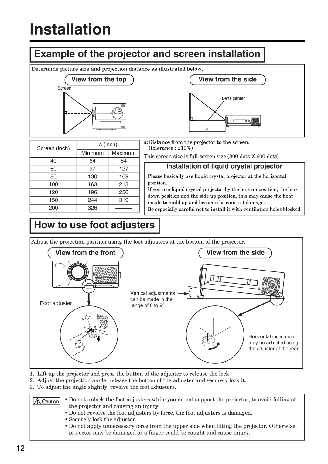 Dukane 28A8035 manual Installation, Example of the projector and screen installation, How to use foot adjusters 