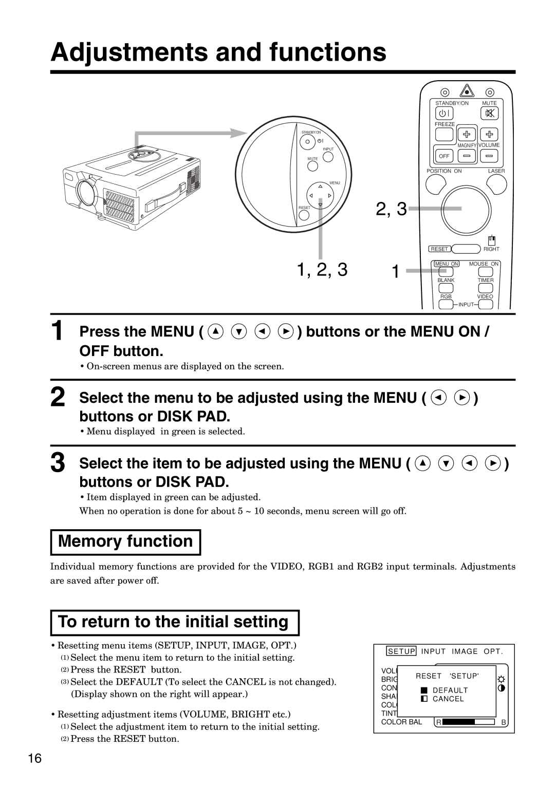 Dukane 28A8035 manual Adjustments and functions, Memory function, To return to the initial setting 