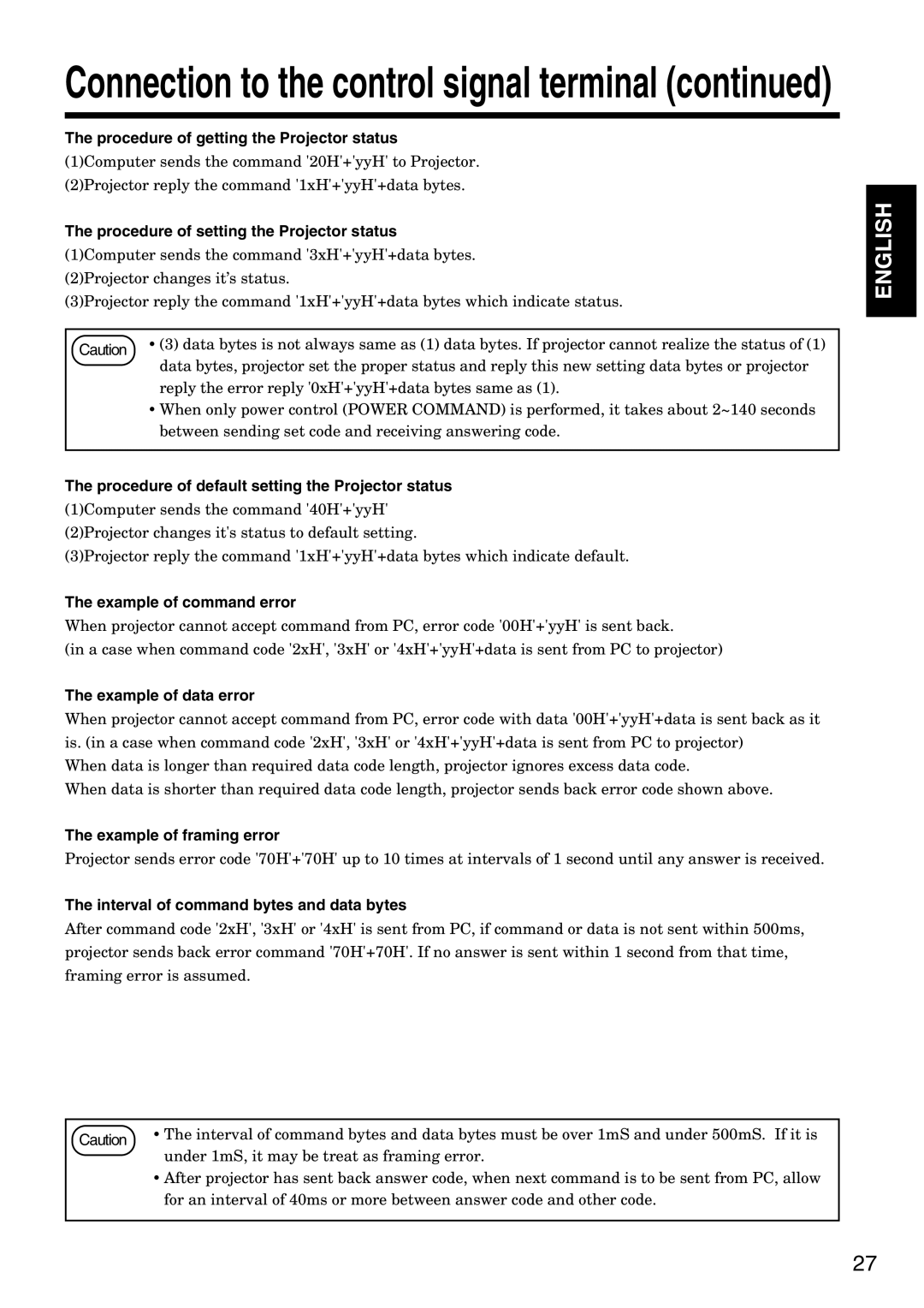 Dukane 28A8035 Procedure of getting the Projector status, Procedure of setting the Projector status, Example of data error 