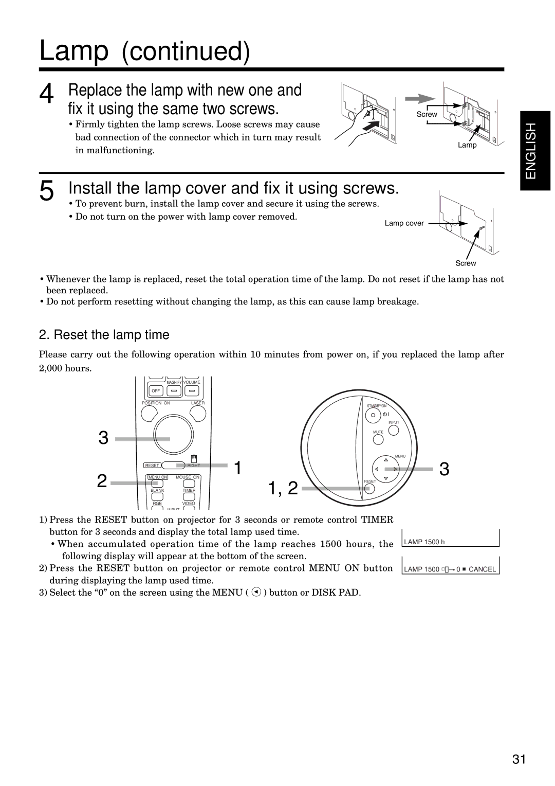 Dukane 28A8035 manual Lamp, Install the lamp cover and fix it using screws, Reset the lamp time 