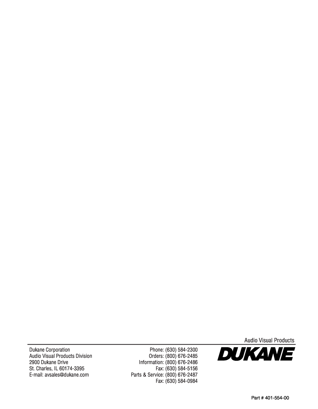 Dukane 28A8040 manual Audio Visual Products, 676-2486, 584-5156, Parts & Service, 676-2487, 584-0984 