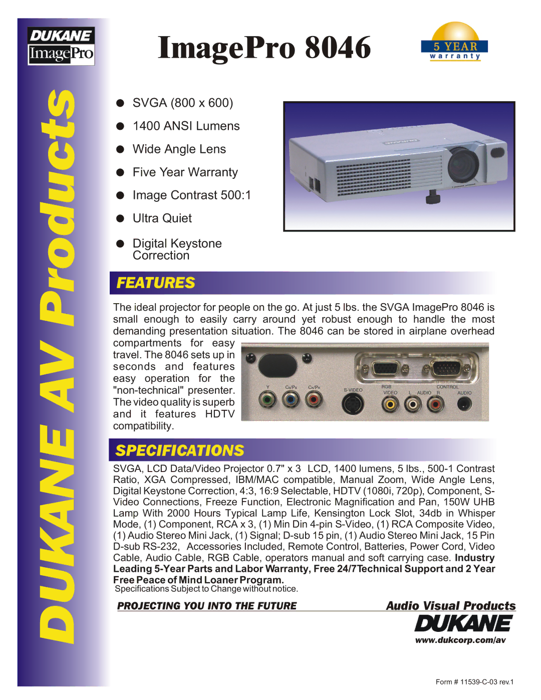 Dukane 28A8046 specifications Dukane AV Products, ImagePro, Features, Specifications 