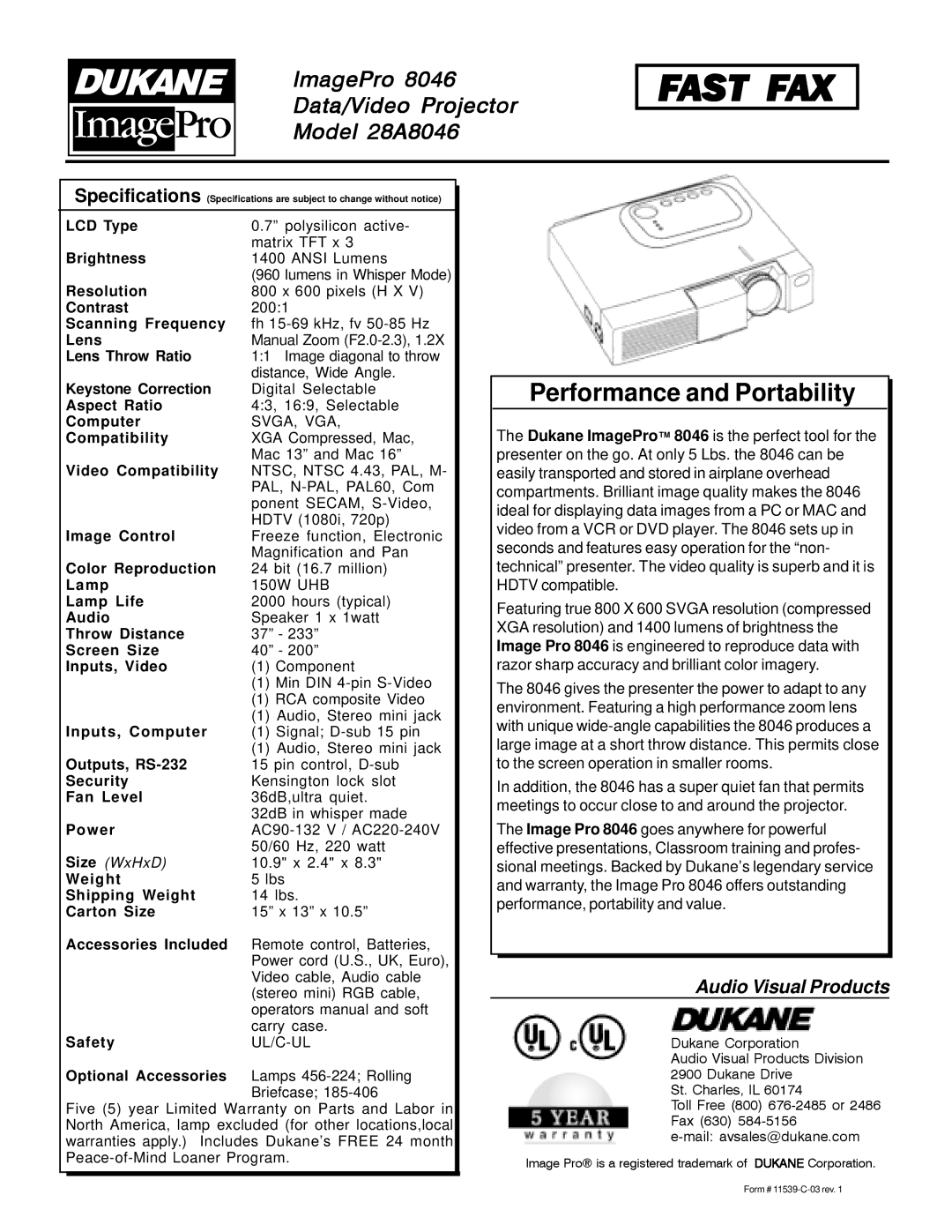 Dukane 28A8046 specifications Fast FAX, Performance and Portability, Audio Visual Products 