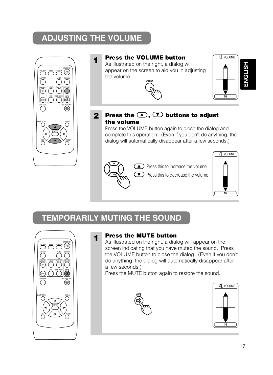 Dukane 28A8049B Adjusting the Volume, Temporarily Muting the Sound, Press the Volume button, Press the Mute button 