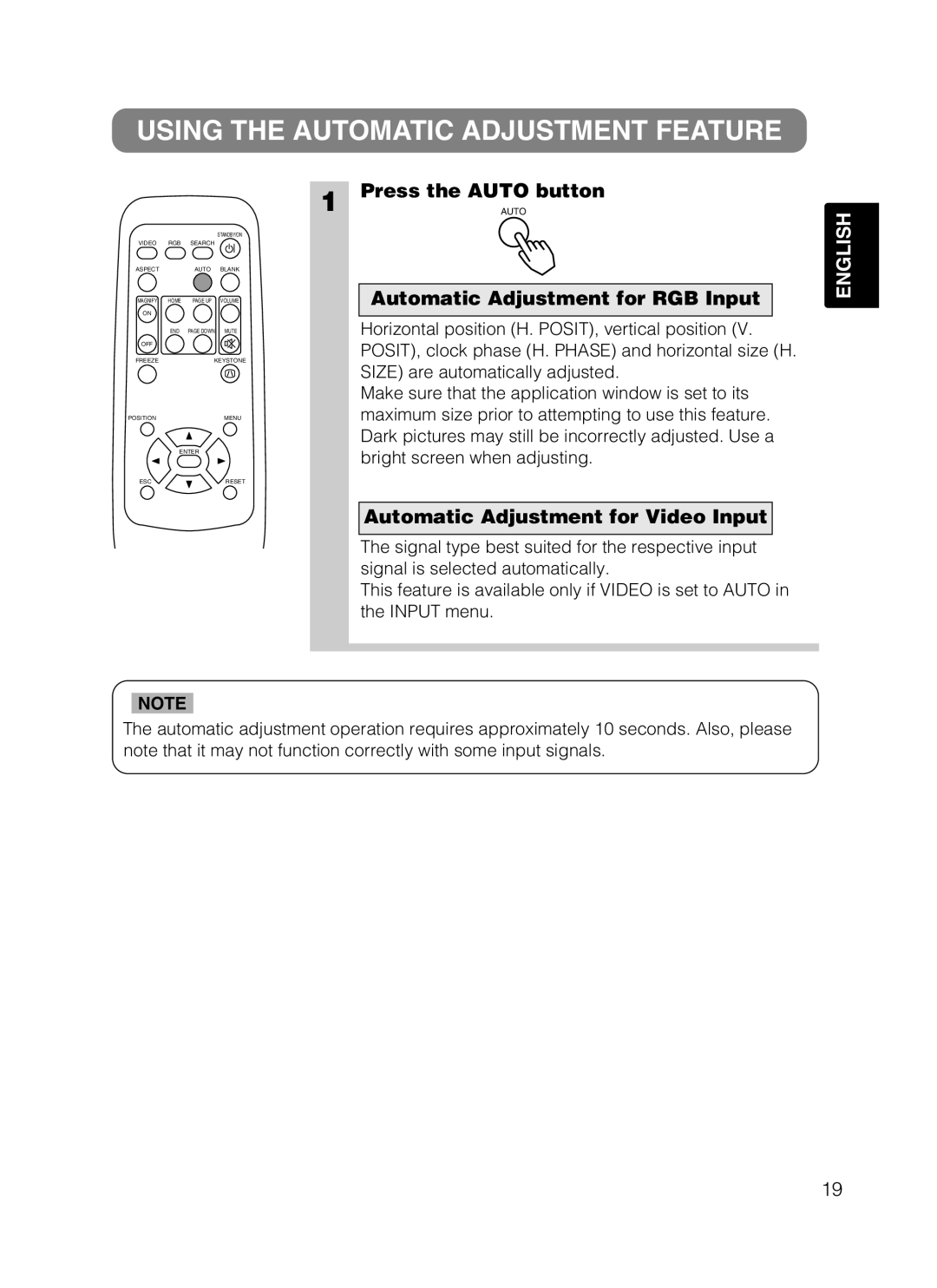 Dukane 28A8049B Using the Automatic Adjustment Feature, Press the Auto button, Automatic Adjustment for RGB Input 