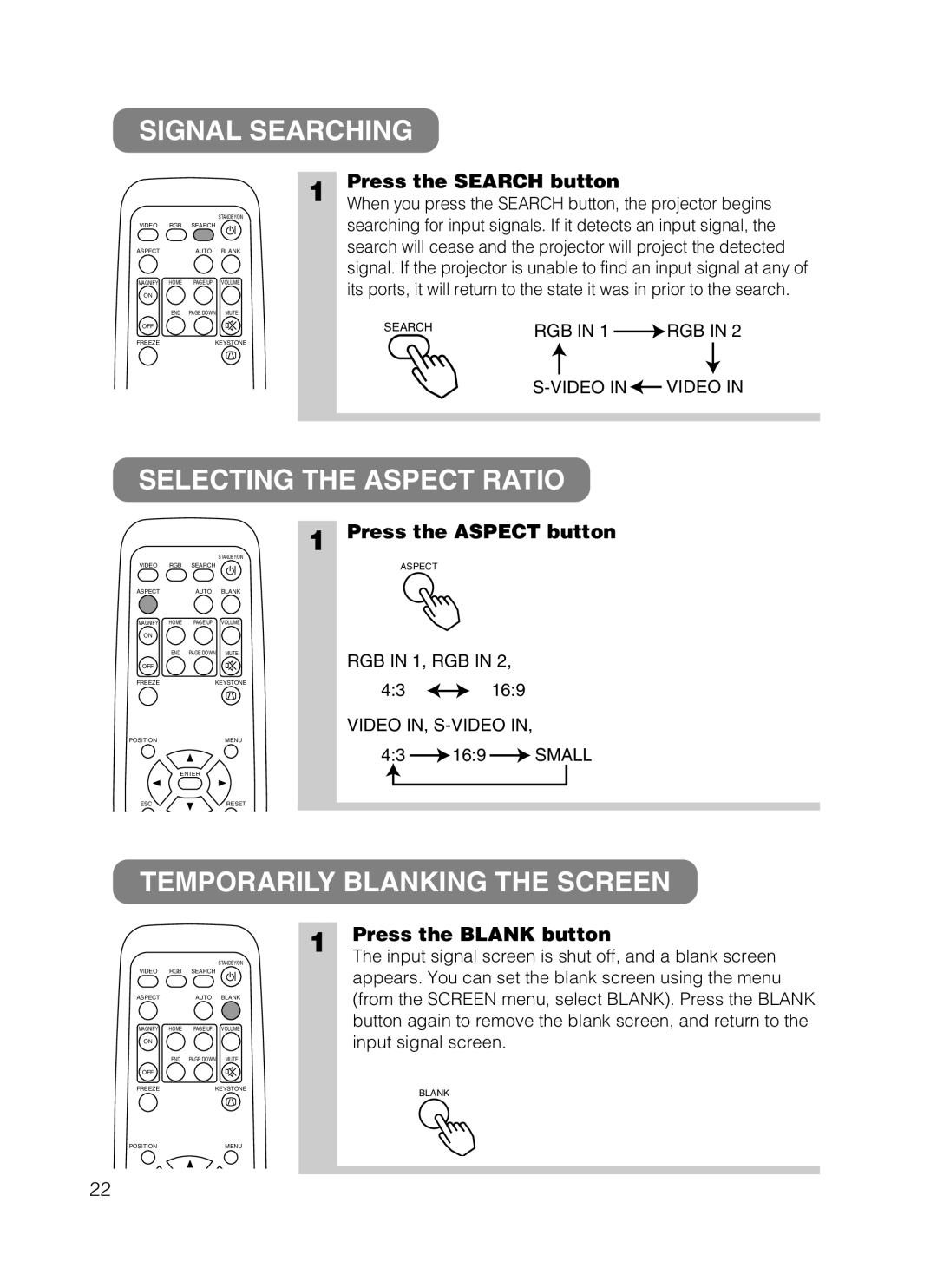 Dukane 28A8049B user manual Signal Searching, Selecting the Aspect Ratio, Temporarily Blanking the Screen 