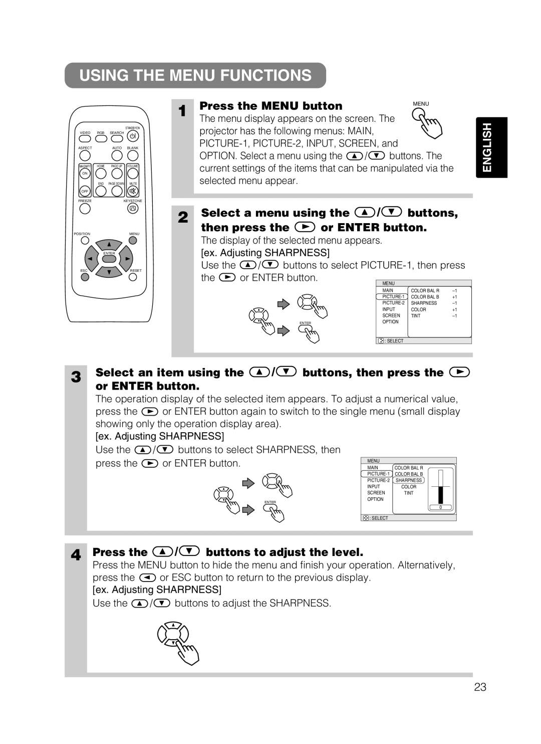 Dukane 28A8049B Using the Menu Functions, Press the Menu button, Select a menu using Buttons Then press Or Enter button 