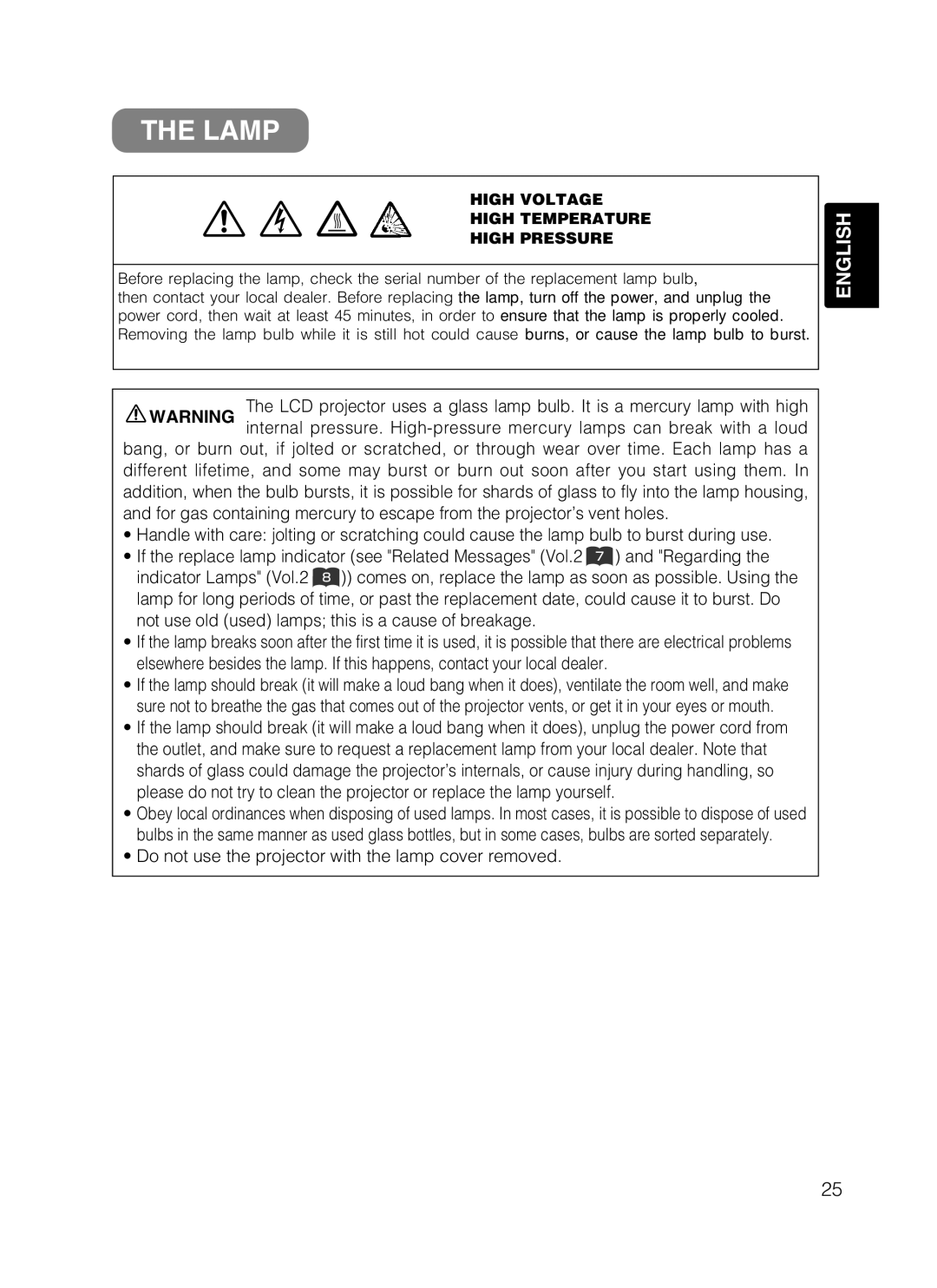 Dukane 28A8049B Lamp, Do not use the projector with the lamp cover removed, High Voltage High Temperature High Pressure 