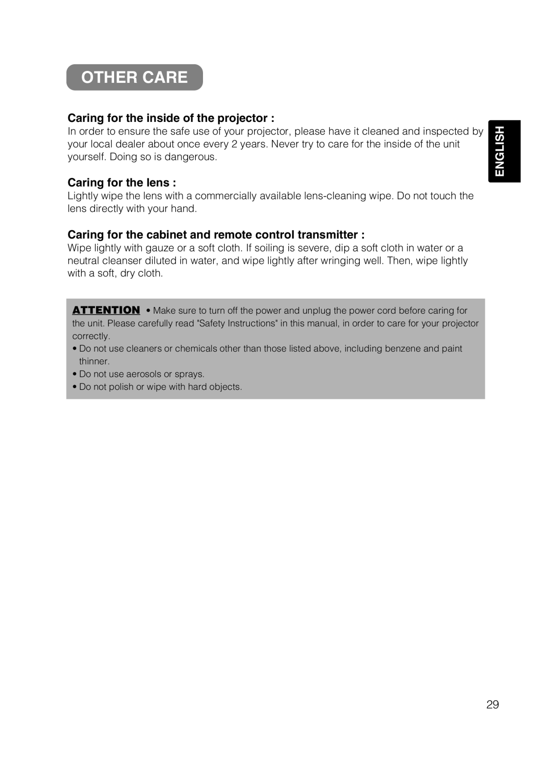 Dukane 28A8049B user manual Other Care, Caring for the inside of the projector, Caring for the lens 