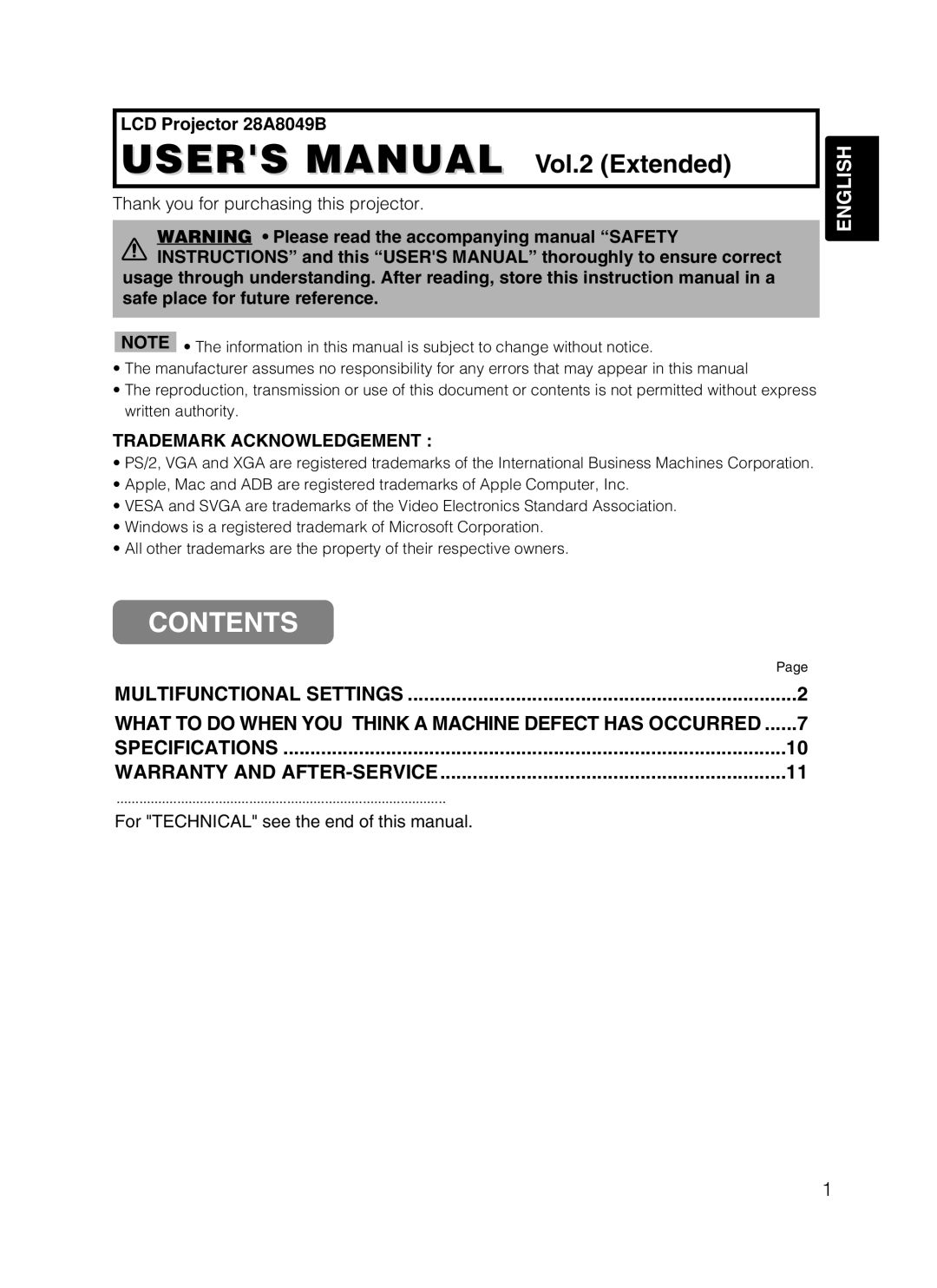 Dukane user manual LCD Projector 28A8049B, For Technical see the end of this manual 