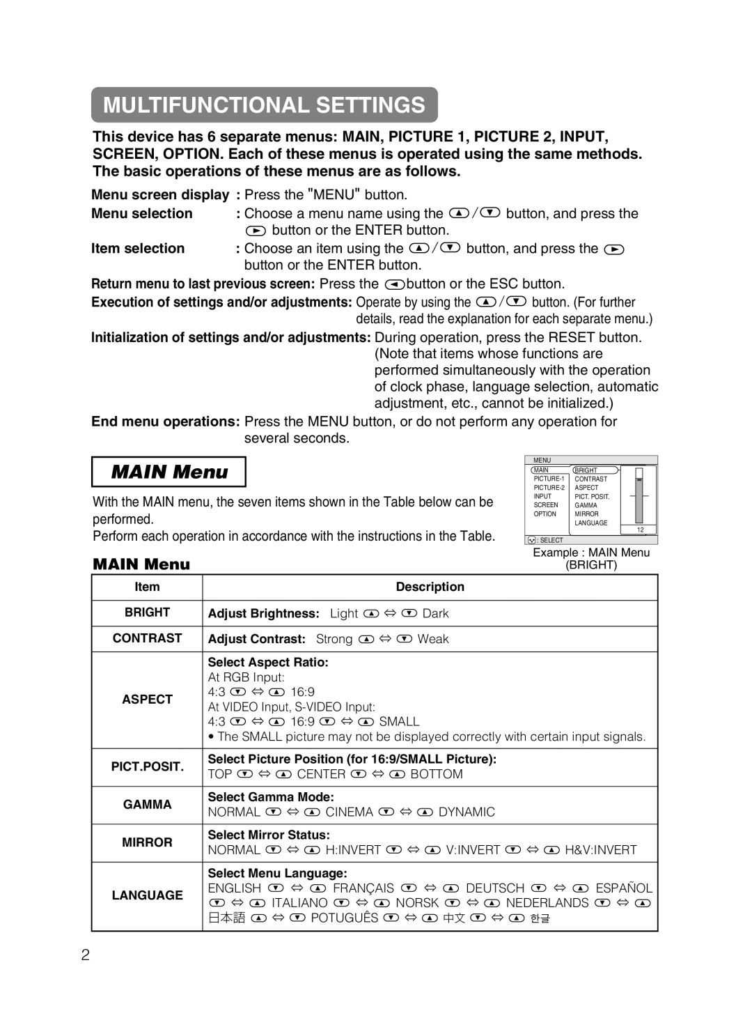 Dukane 28A8049B user manual Multifunctional Settings, Main Menu 