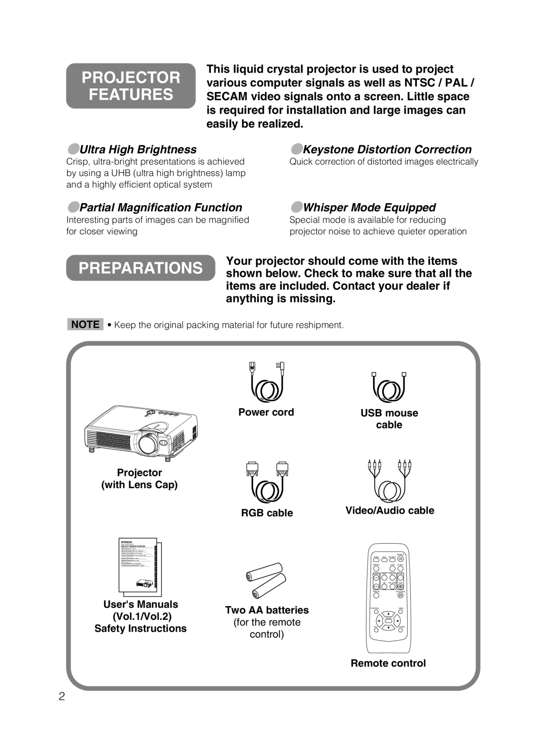 Dukane 28A8049B user manual Projector Features, Two AA batteries Vol.1/Vol.2, Safety Instructions, Remote control 