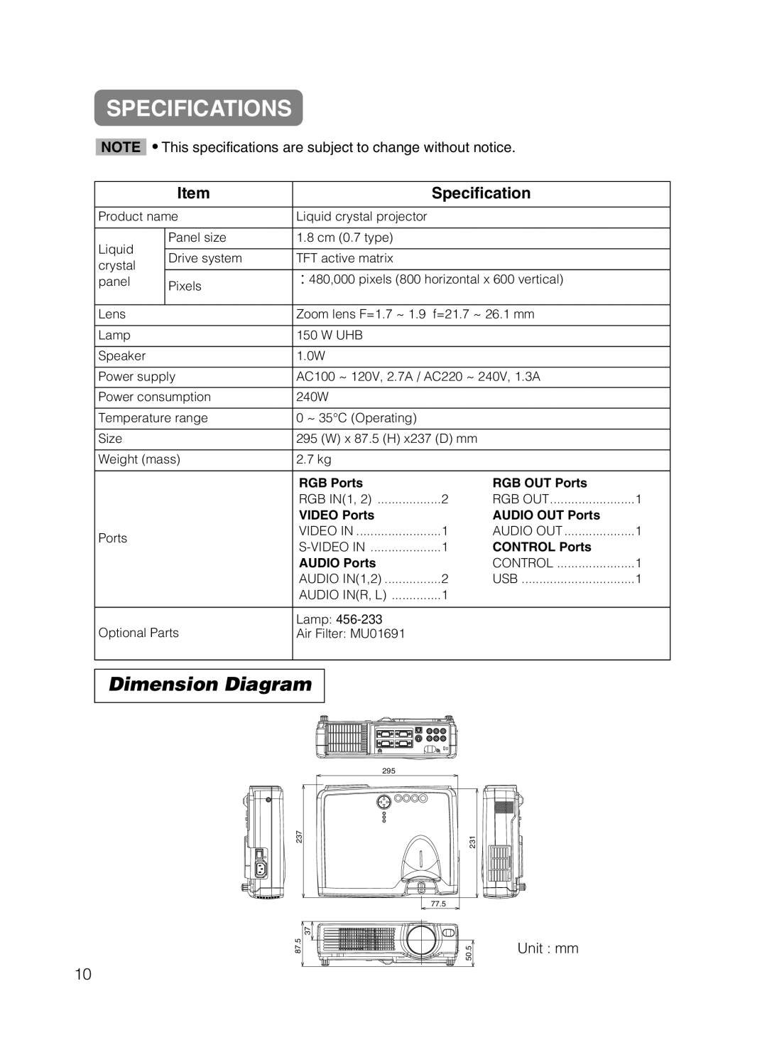 Dukane 28A8049B user manual Specifications, Dimension Diagram, Unit mm 