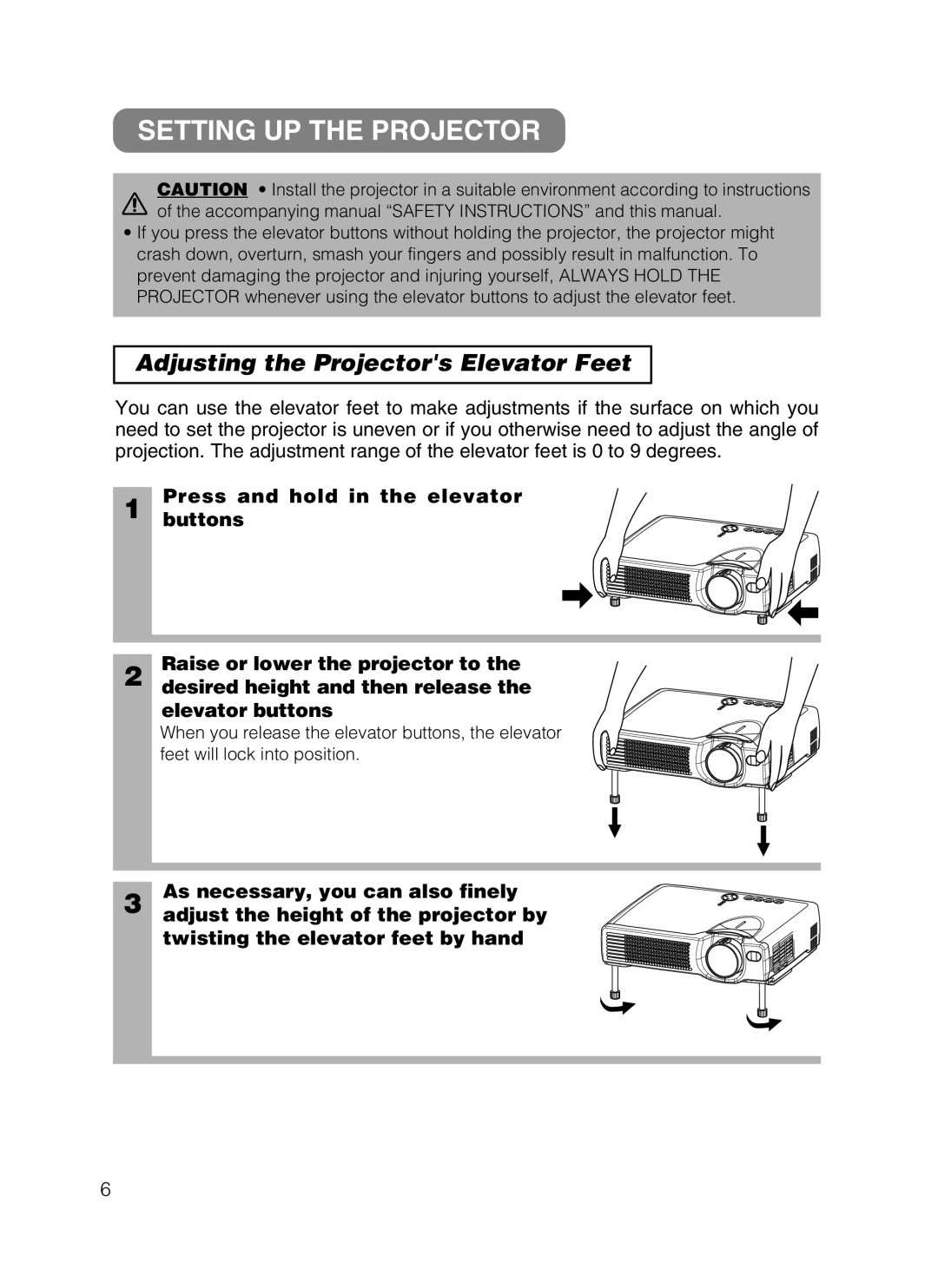 Dukane 28A8049B user manual Setting UP the Projector, Adjusting the Projectors Elevator Feet 