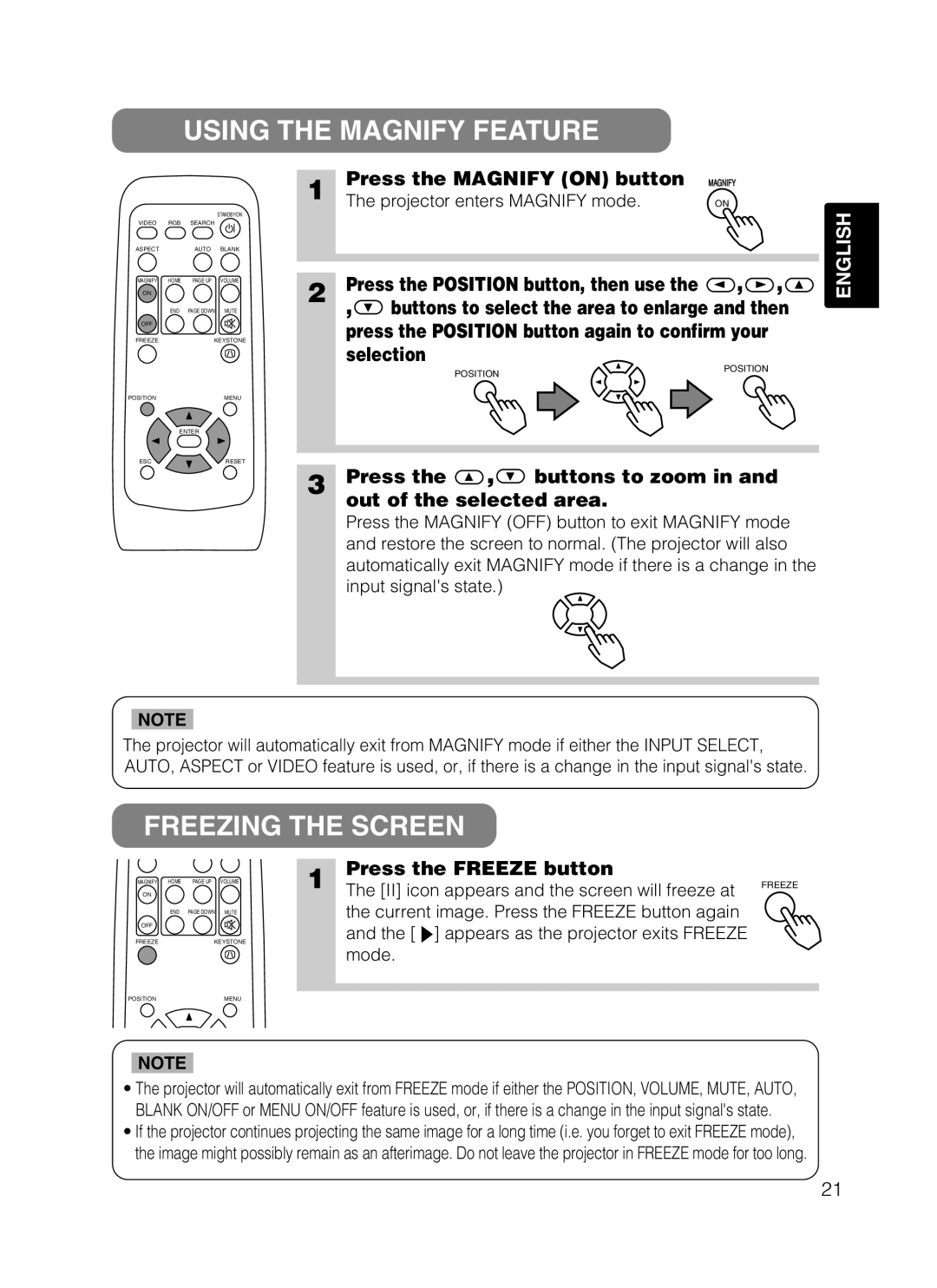Dukane 28A8049B user manual Using The Magnify Feature, Freezing The Screen, Press the MAGNIFY ON button, selection, English 
