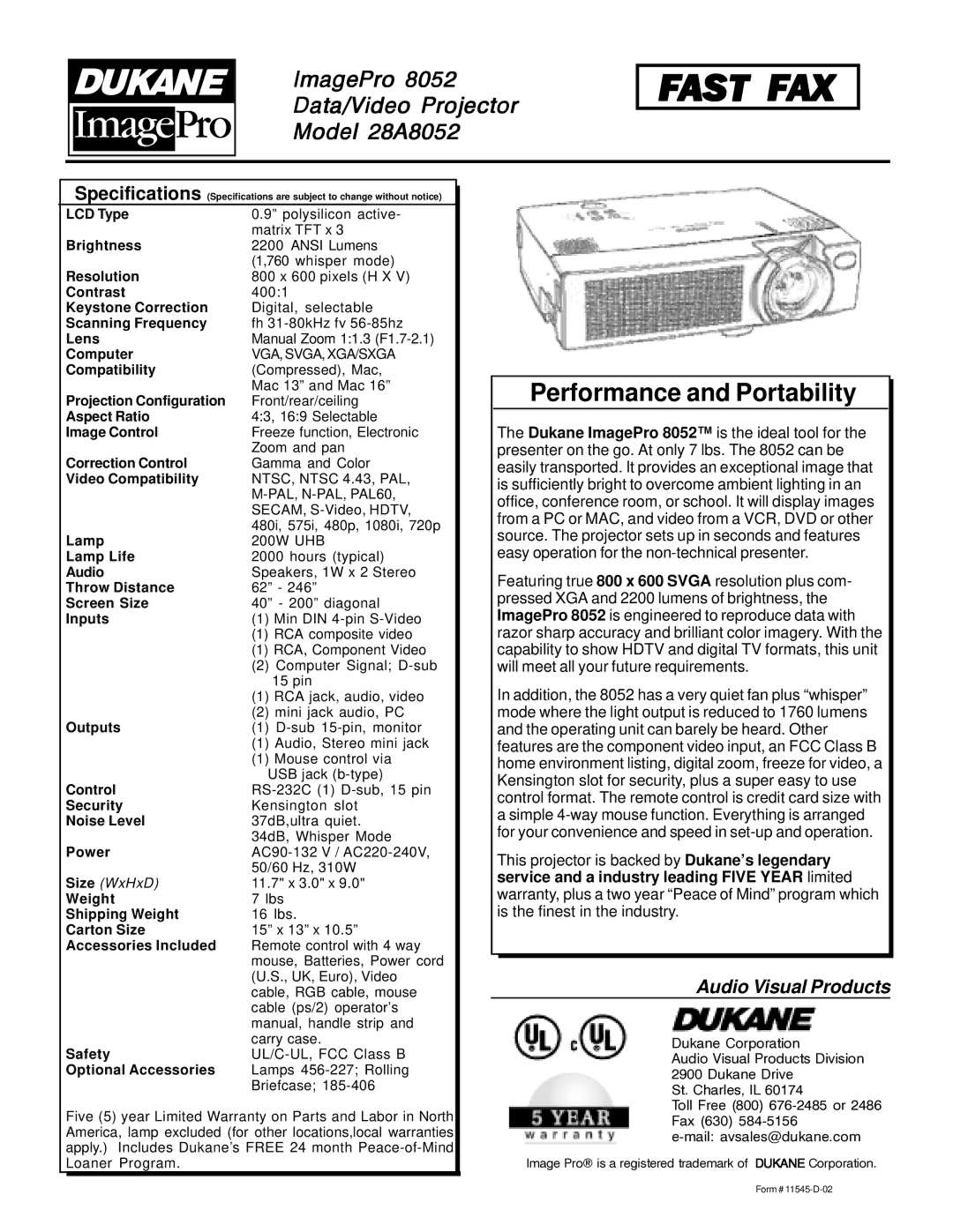 Dukane 28A8052 specifications Fast FAX, Performance and Portability, Audio Visual Products 