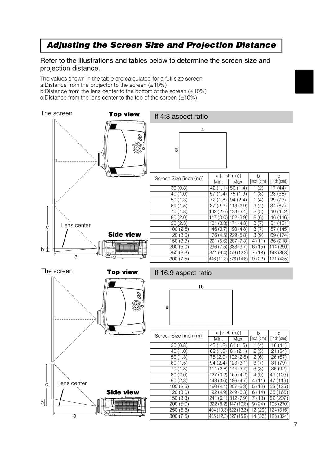 Dukane 28A8247 user manual Adjusting the Screen Size and Projection Distance, Top view Side view 