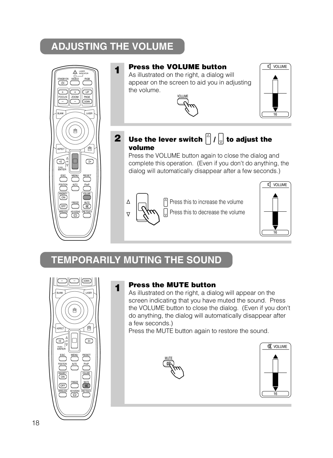 Dukane 28A8247 Adjusting the Volume, Temporarily Muting the Sound, Press the Volume button, Press the Mute button 