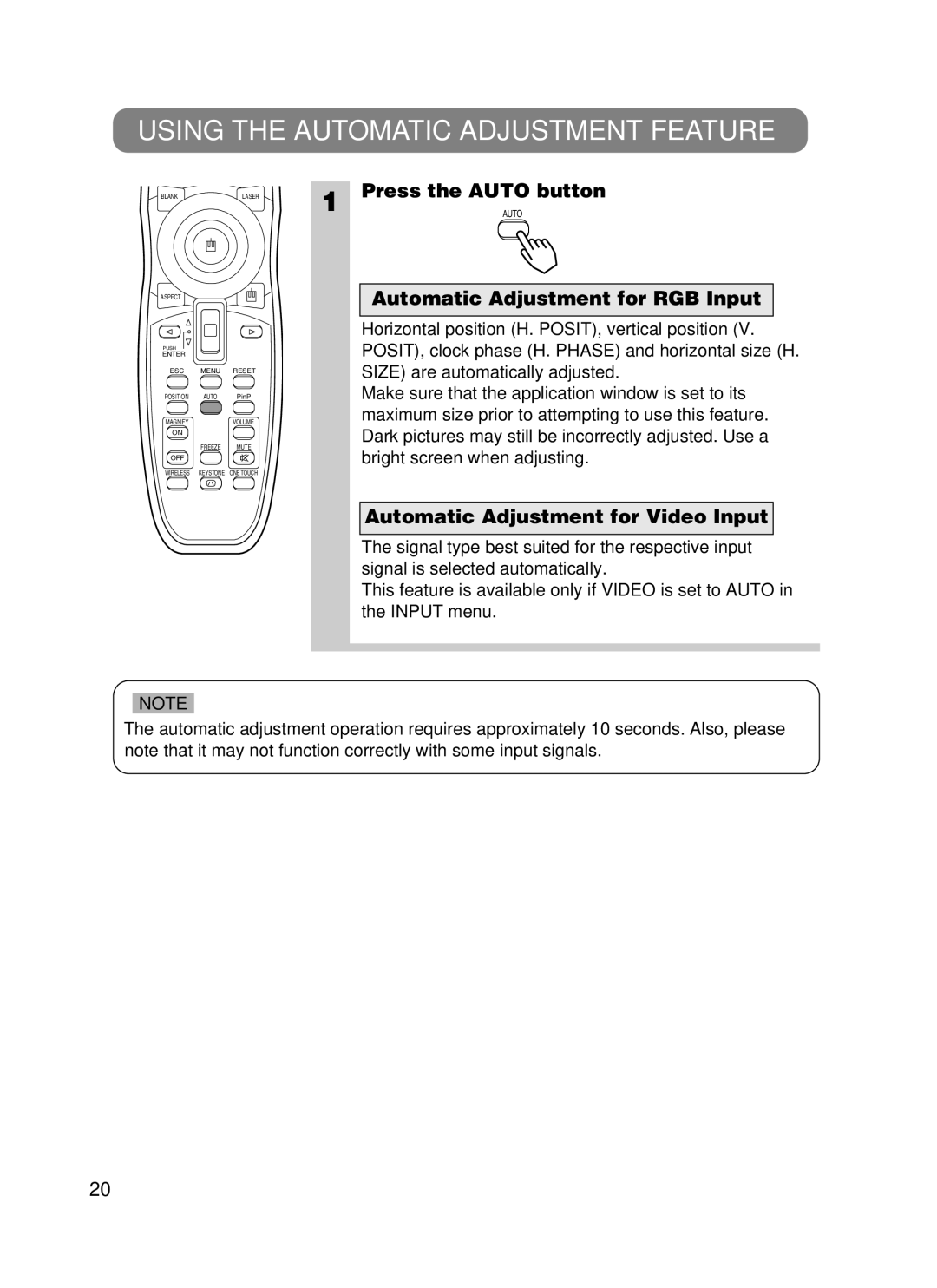 Dukane 28A8247 Using the Automatic Adjustment Feature, Press the Auto button, Automatic Adjustment for RGB Input 