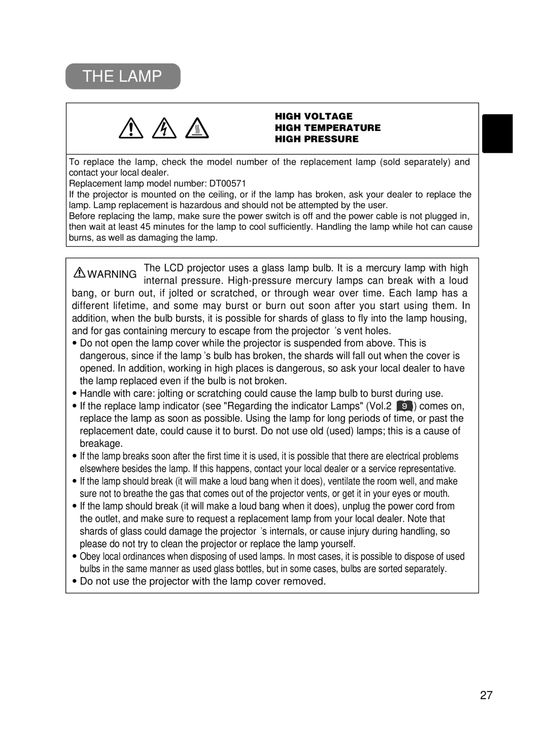 Dukane 28A8247 Lamp, Do not use the projector with the lamp cover removed, High Voltage High Temperature High Pressure 