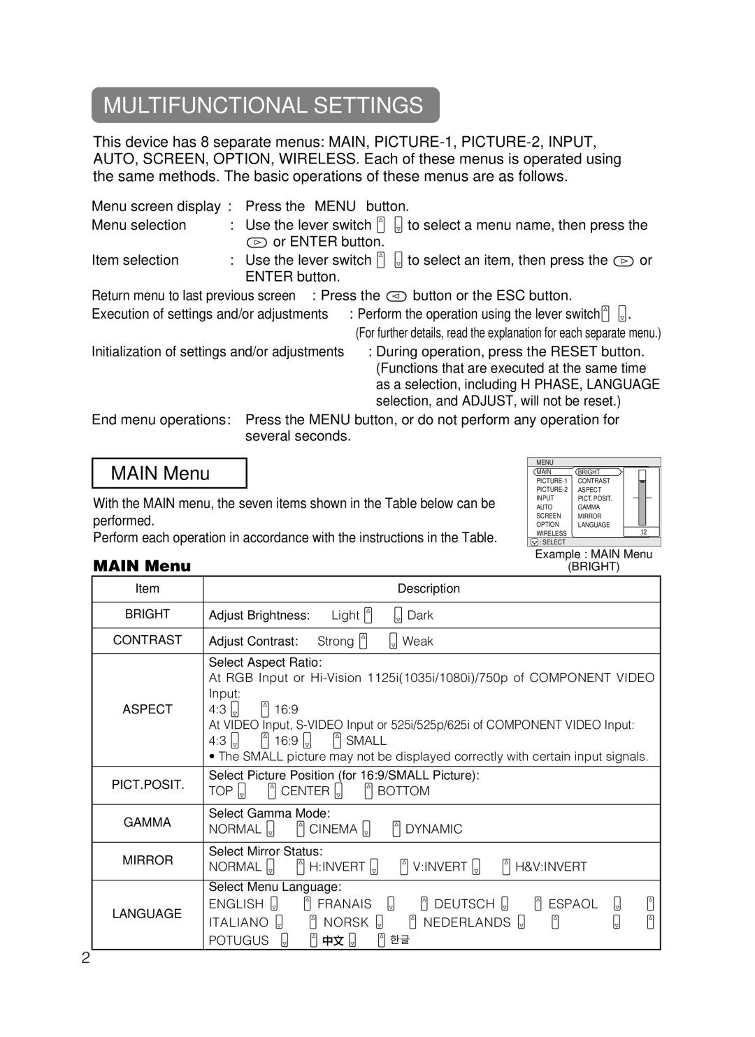 Dukane 28A8247 user manual Multifunctional Settings, Main Menu, Item selection 