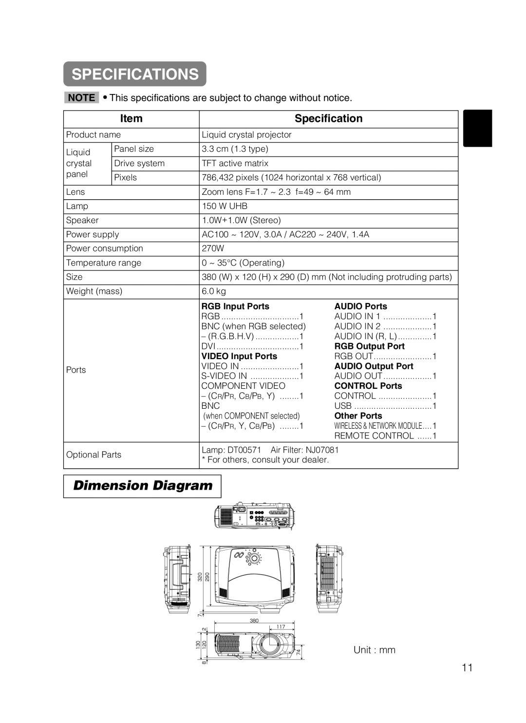 Dukane 28A8247 user manual Specifications, Dimension Diagram, Unit mm 