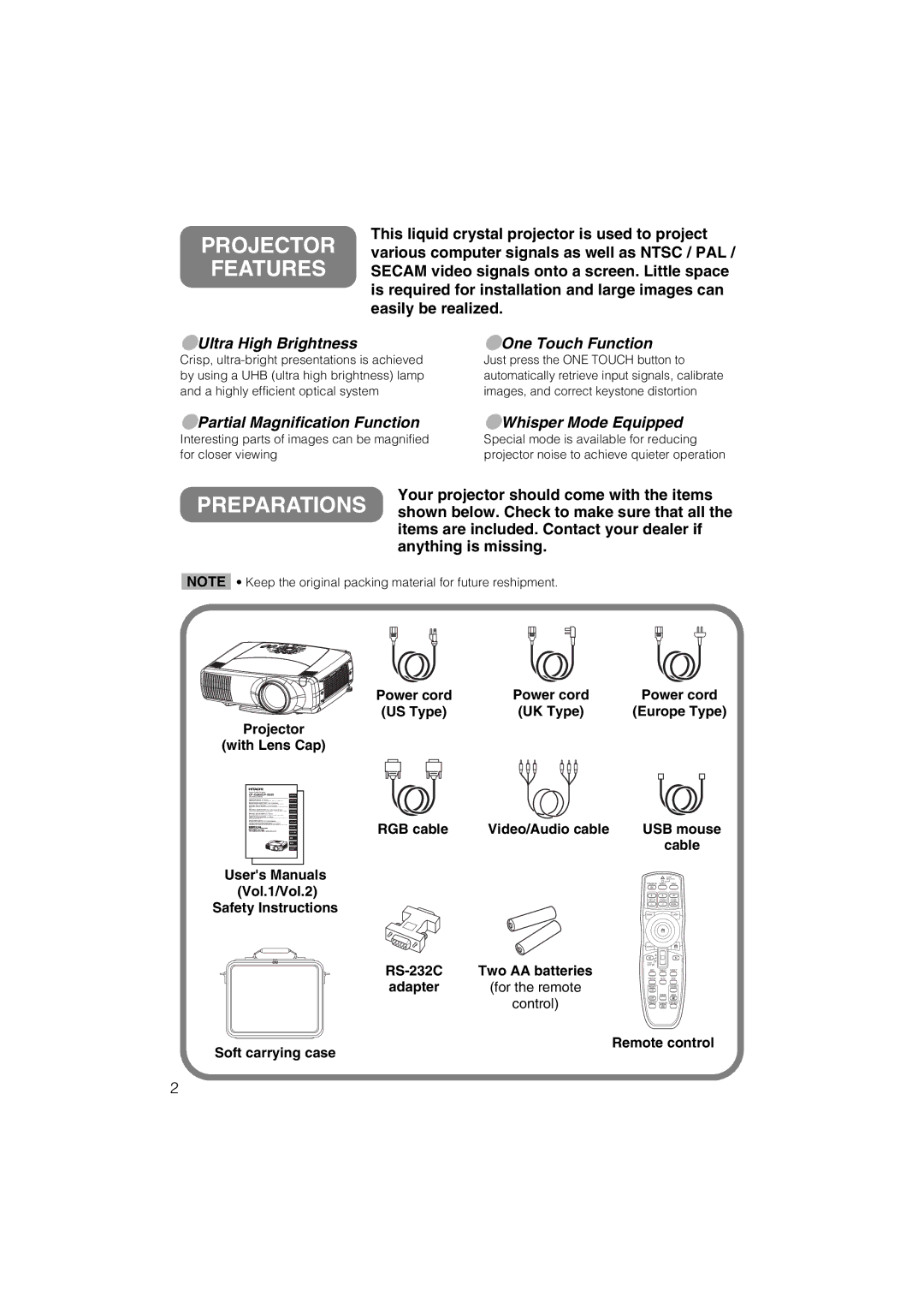 Dukane 28A8711 user manual Projector Features, Control, Power cord, Adapter 