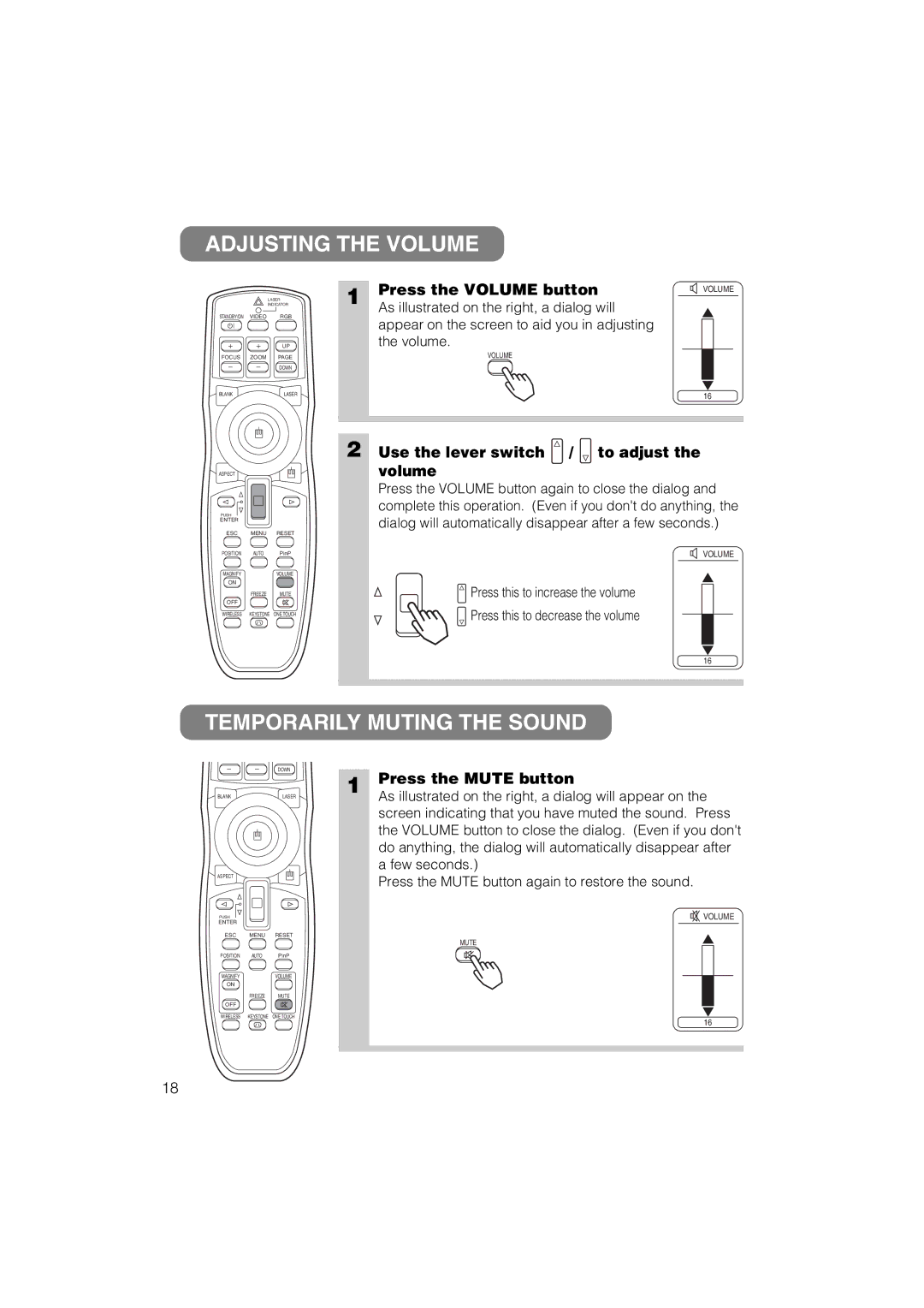 Dukane 28A8711 Adjusting the Volume, Temporarily Muting the Sound, Press the Volume button, Press the Mute button 