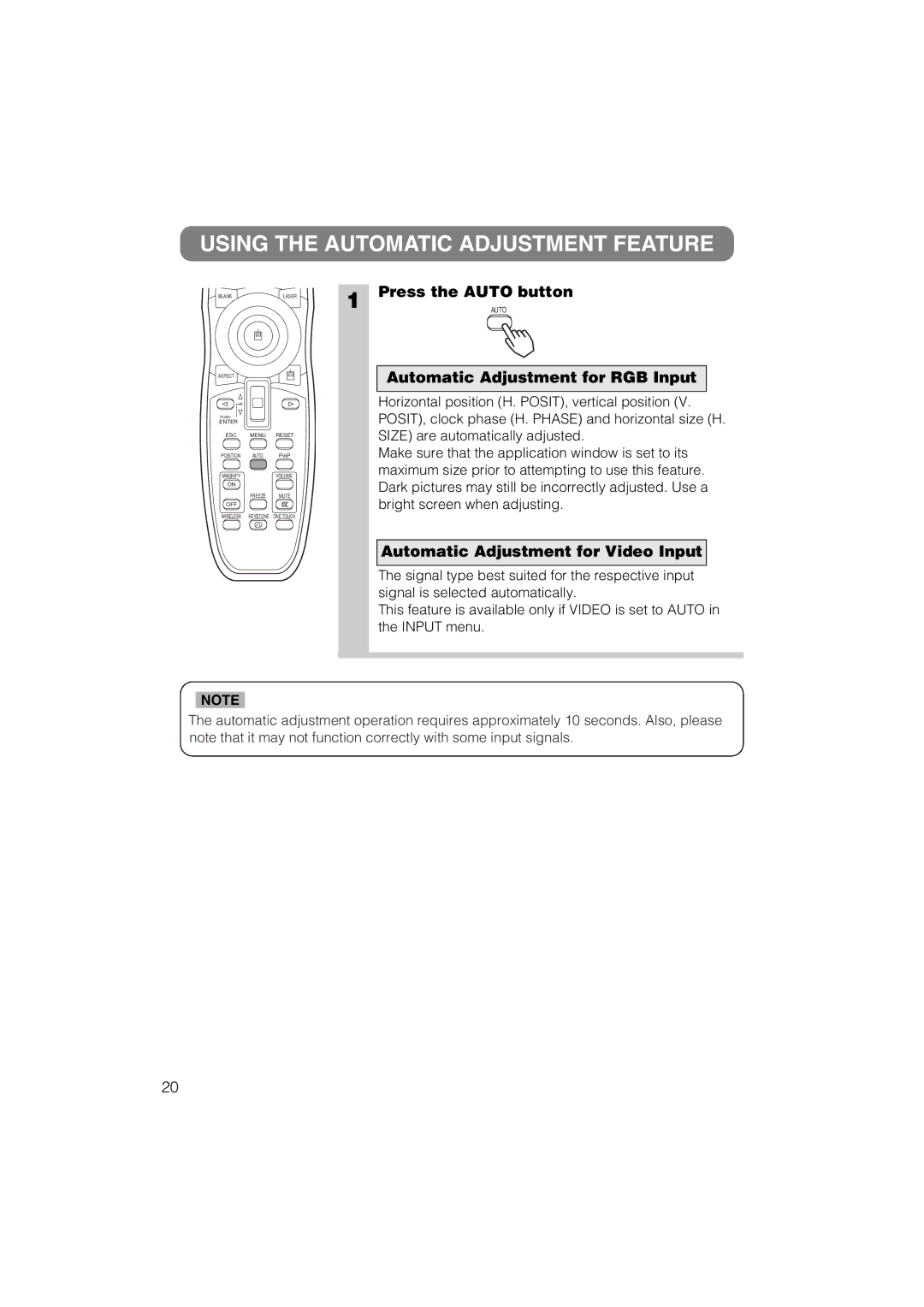 Dukane 28A8711 Using the Automatic Adjustment Feature, Press the Auto button, Automatic Adjustment for RGB Input 