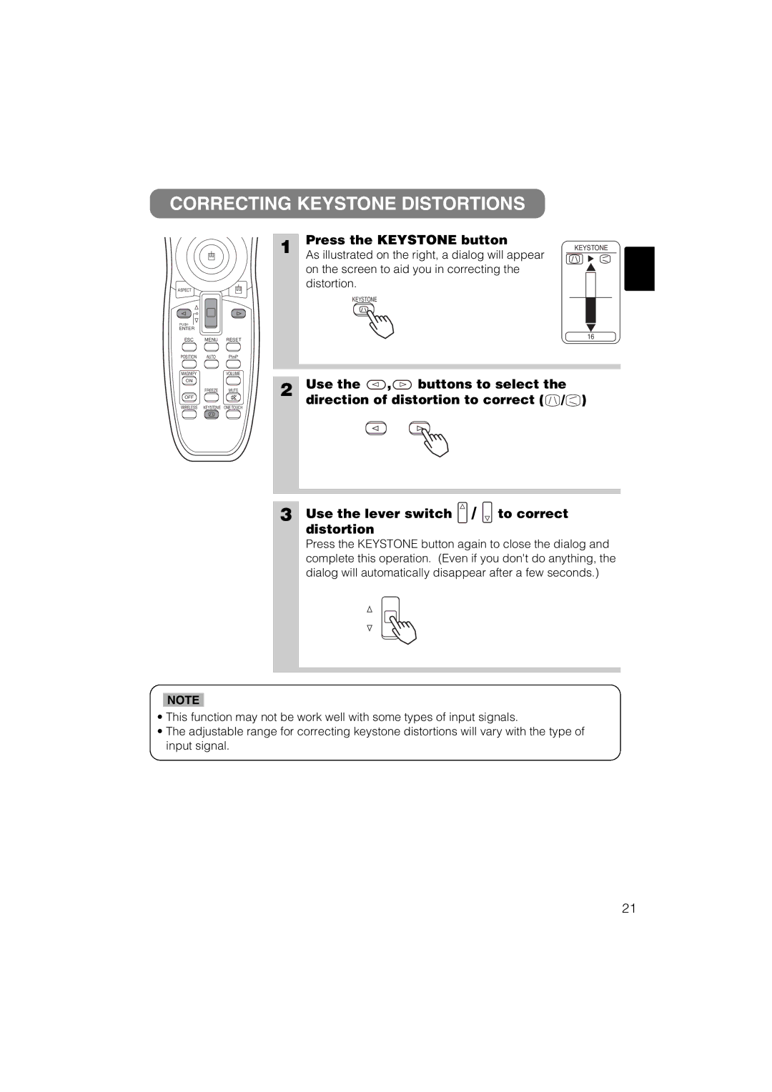 Dukane 28A8711 user manual Correcting Keystone Distortions, Press the Keystone button 