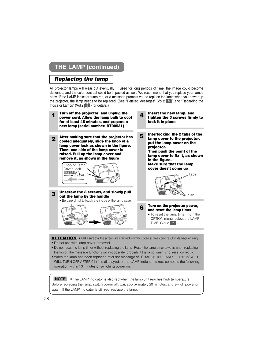 Dukane 28A8711 user manual Replacing the lamp, Push 