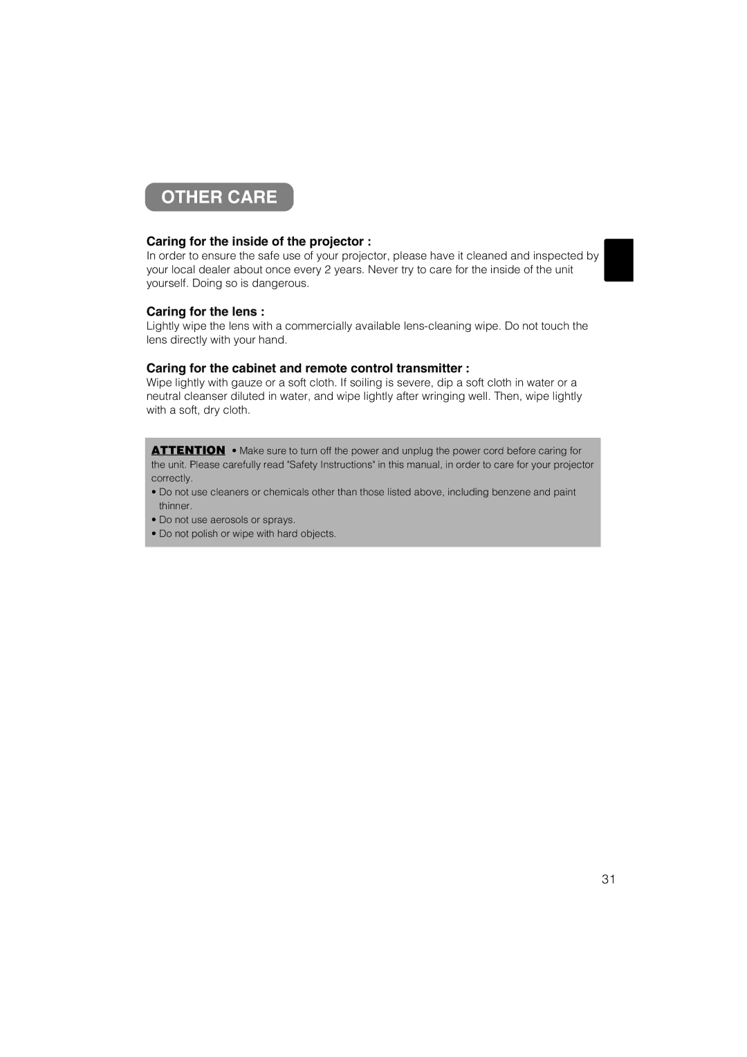 Dukane 28A8711 user manual Other Care, Caring for the inside of the projector, Caring for the lens 