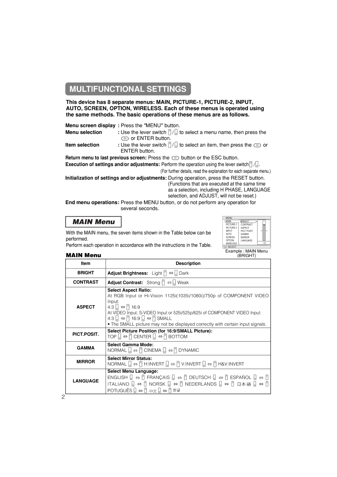 Dukane 28A8711 user manual Multifunctional Settings, Main Menu, Use the lever switch, Or Enter button 