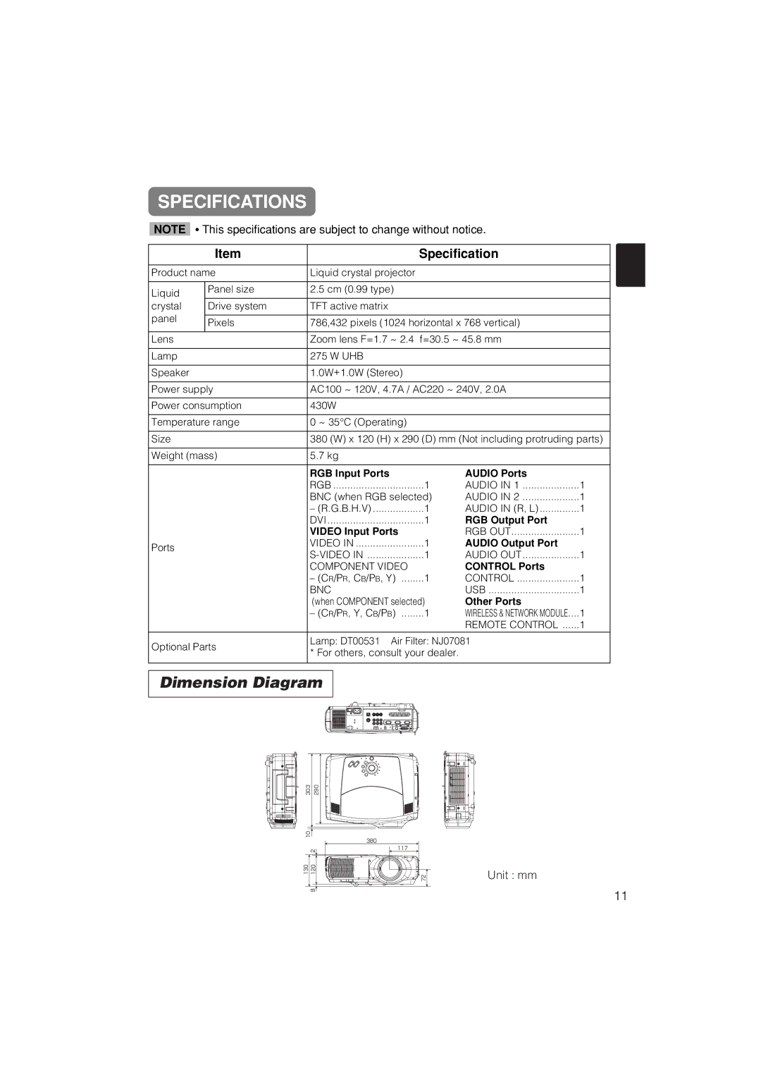 Dukane 28A8711 user manual Specifications, Dimension Diagram, Unit mm 