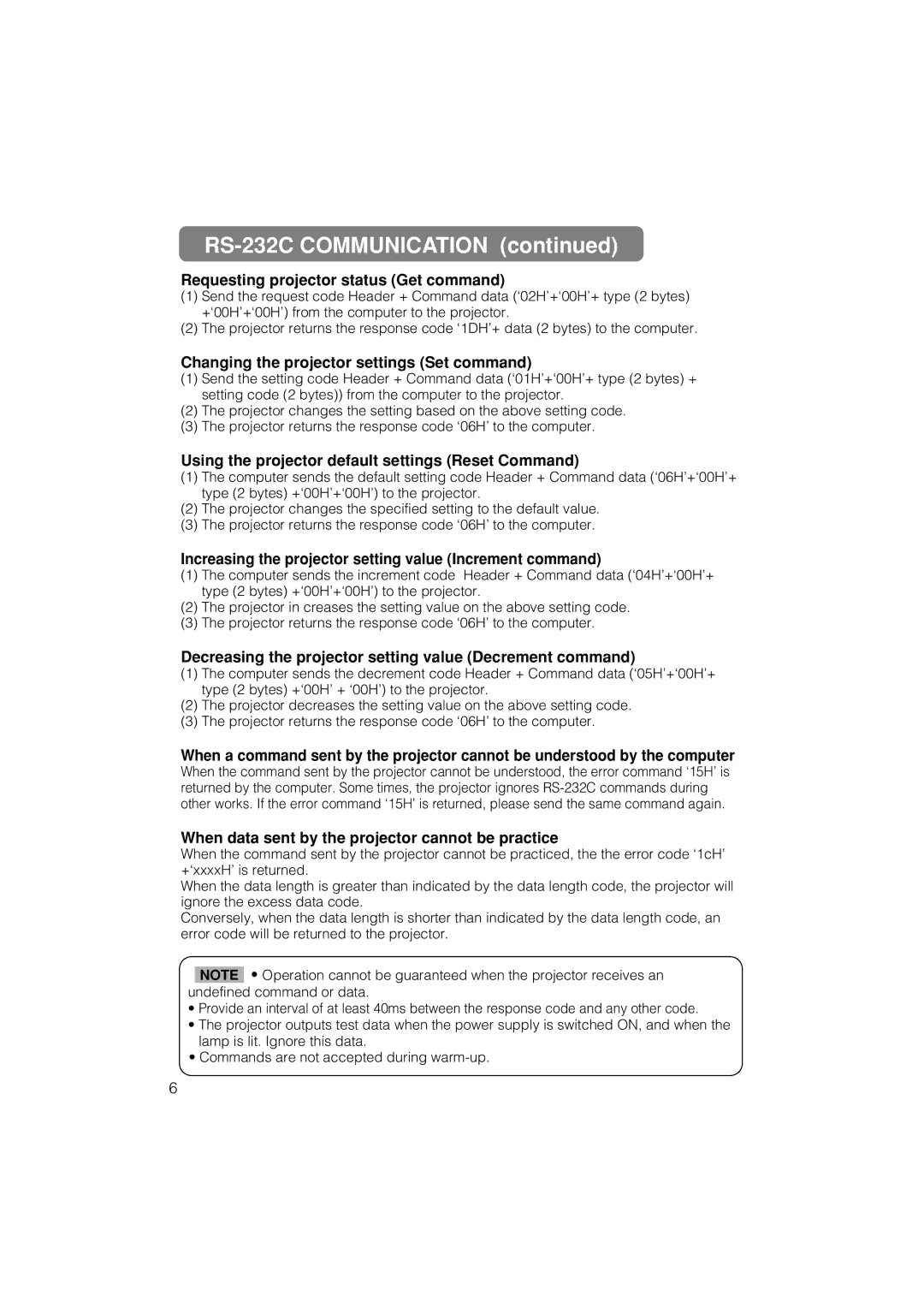 Dukane 28A8711 user manual Requesting projector status Get command, Changing the projector settings Set command 