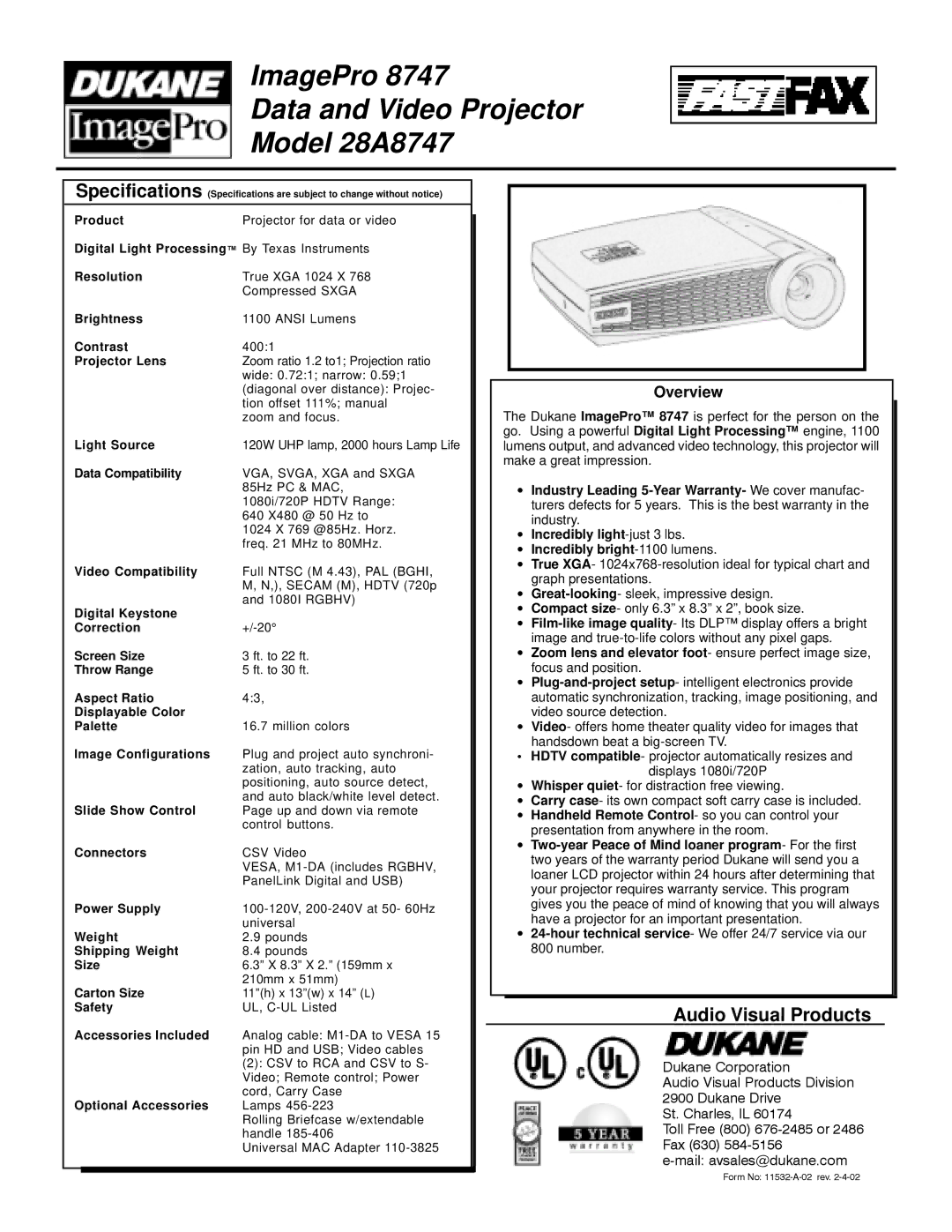 Dukane specifications ImagePro Data and Video Projector Model 28A8747, Audio Visual Products, Overview 