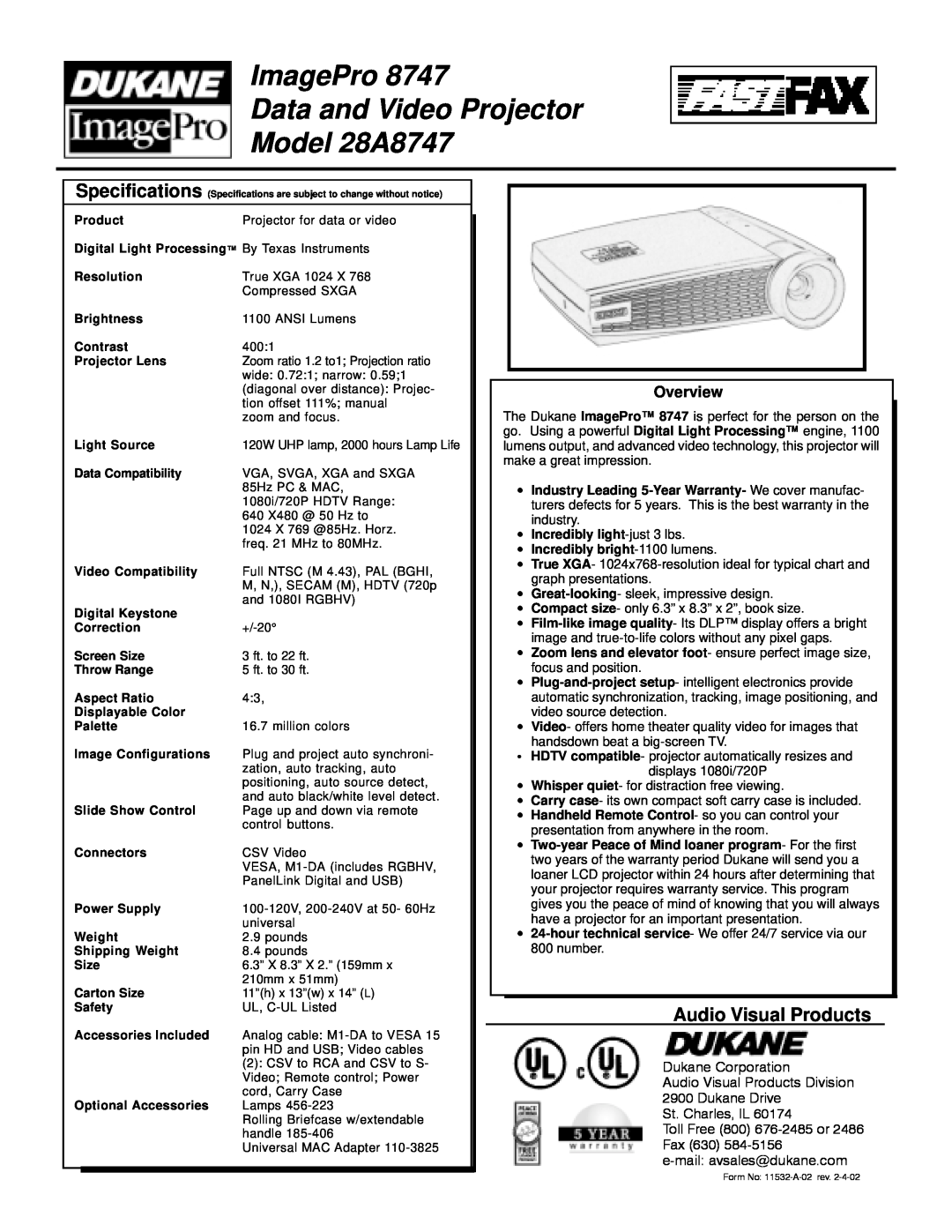 Dukane specifications ImagePro Data and Video Projector Model 28A8747, Audio Visual Products, Overview 