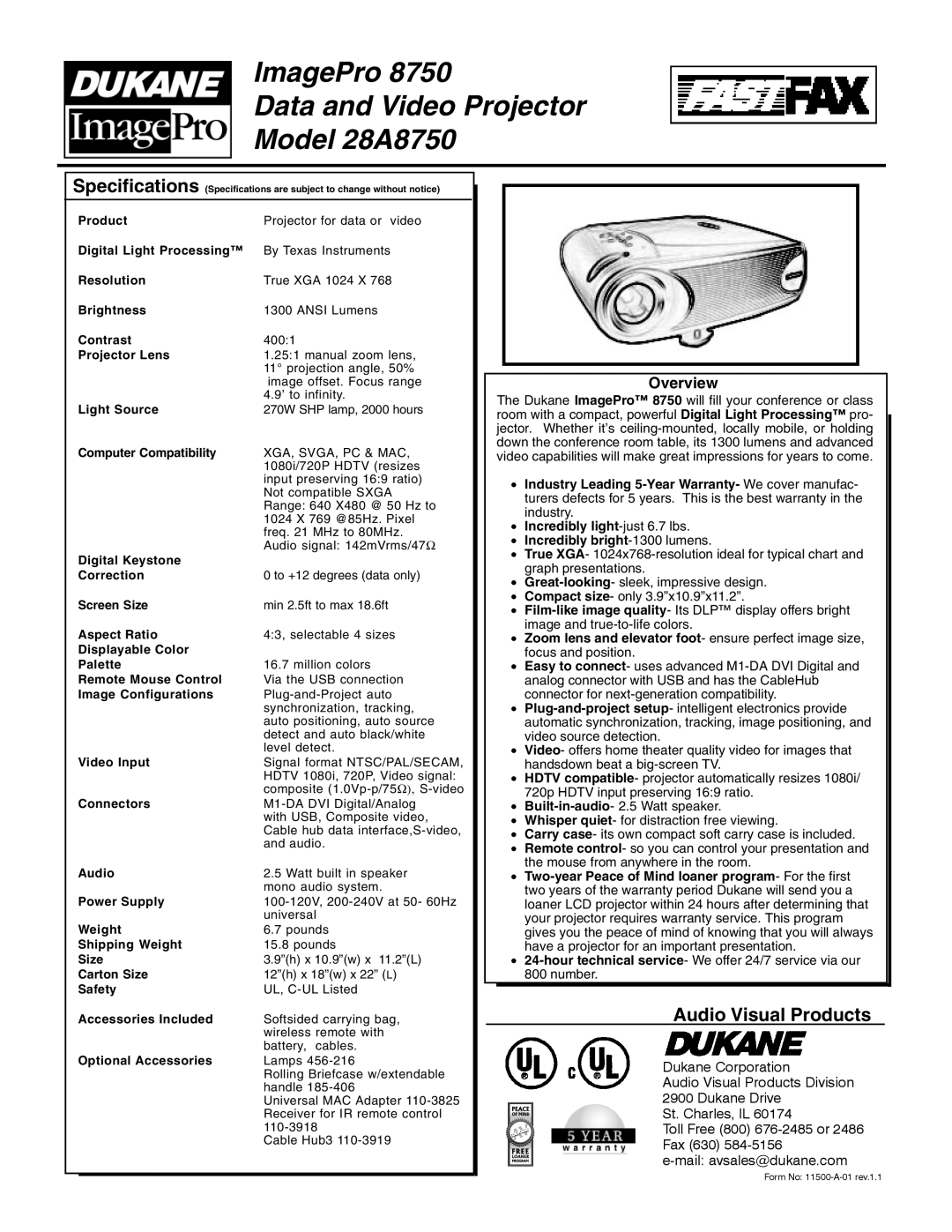 Dukane specifications ImagePro Data and Video Projector Model 28A8750, Audio Visual Products, Overview 