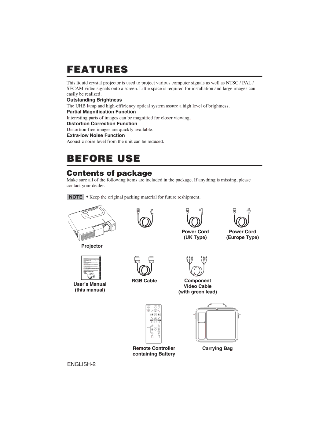 Dukane 28A8751 user manual Features, Before USE, Contents of package 