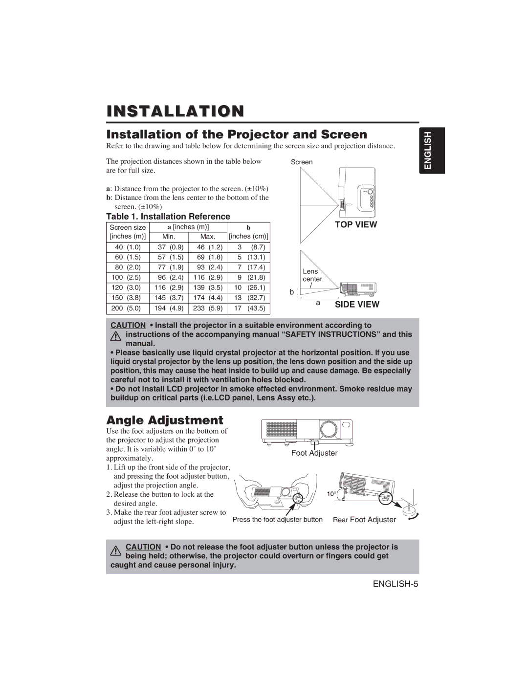 Dukane 28A8751 Installation of the Projector and Screen, Angle Adjustment, Installation Reference, Side View 