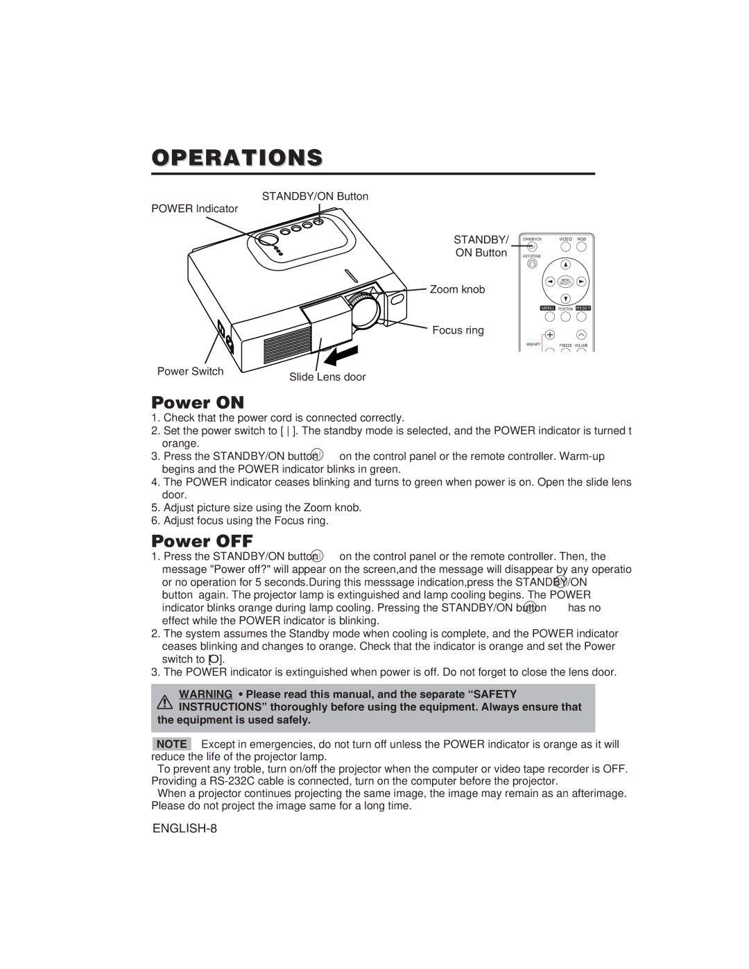 Dukane 28A8751 user manual Operations, Power on, Power OFF, Standby, Equipment is used safely 