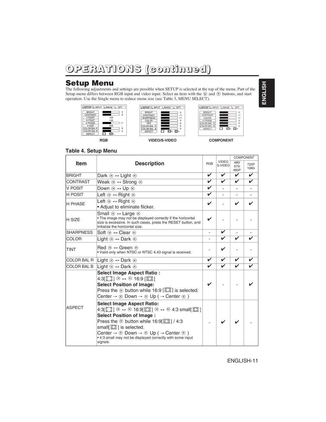 Dukane 28A8751 user manual Setup Menu, Select Image Aspect Ratio, Select Position of Image 